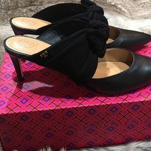 Tory Burch Black Leather & Suede Knot Mule Heels
